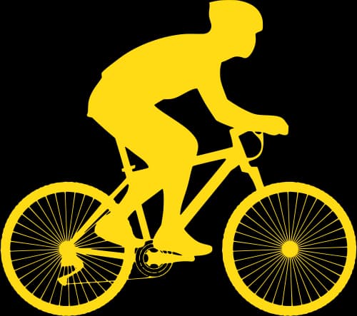Figura monocromática em amarelo de uma bicicleta e um ciclista em cima dela.